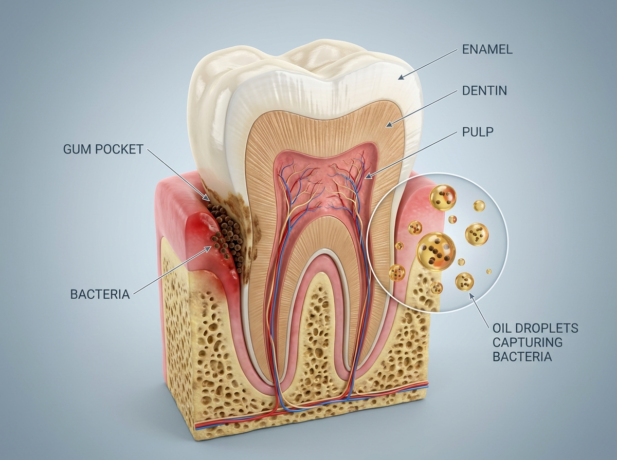 Cross-section of mouth showing biofilm accumulation in gum pockets and tongue surface