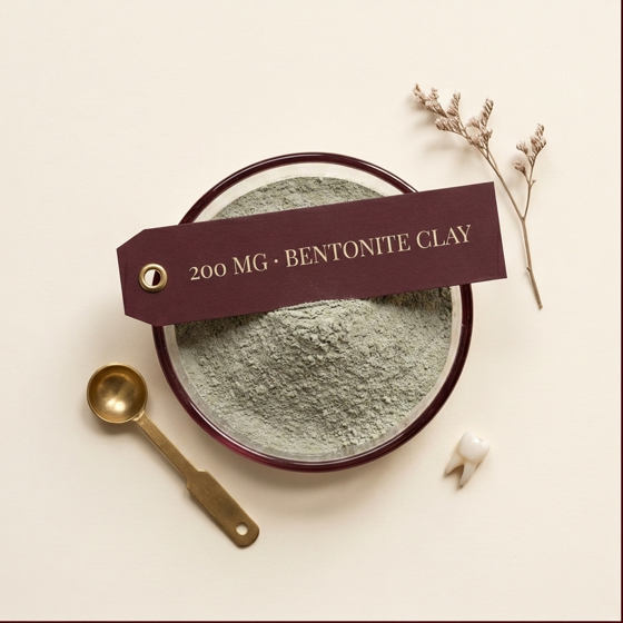 Bentonite Clay — A natural detoxifier that gently draws out toxins and impurities while polishing teeth to a smooth, clean finish.